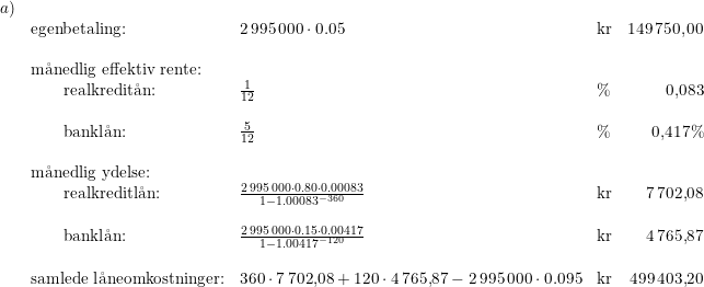 \small \begin{array}{llllr}a)\\&\textup{egenbetaling:}&2\,995\,000\cdot 0.05&\textup{kr}&149\,750,00\\\\& \textup{m\aa nedlig effektiv rente:}\\\ & \qquad \textup{realkredit\aa n:}&\frac{1}{12}&\%&0{,}083\\\\& \qquad \textup{bankl\aa n:}&\frac{5}{12}&\%& 0{,}417\%\\\\& \textup{m\aa nedlig ydelse:}\\&\qquad \textup{realkreditl\aa n:}&\frac{2\,995\,000\cdot 0.80\cdot 0.00083}{1-1.00083^{-360}}&\textup{kr}&7\,702{,}08\\\\&\qquad \textup{bankl\aa n:}&\frac{2\,995\,000\cdot 0.15\cdot 0.00417}{1-1.00417^{-120}}&\textup{kr}&4\,765{,}87\\\\& \textup{samlede l\aa neomkostninger:}&360\cdot 7\,702{,}08+120\cdot 4\,765{,}87-2\,995\,000\cdot 0.095&\textup{kr}&499\,403{,}20 \end{array}