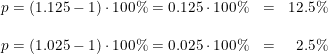 \small \begin{array}{llr} p=(1.125-1)\cdot 100\%=0.125\cdot 100\%&=&12.5\%\\\\ p=(1.025-1)\cdot 100\%=0.025\cdot 100\%&=&2.5\% \end{array}