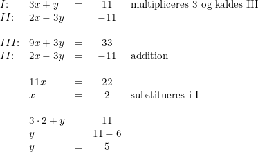 \small \begin{array}{llrcl} I\textup{:}&3x+y&=&11&\textup{multipliceres 3 og kaldes III}\\ II\textup{:}&2x-3y&=&-11 \\\\ III\textup{:}&9x+3y&=&33\\ II\textup{:}&2x-3y&=&-11&\textup{addition}\\\\ &11x&=&22\\ &x&=&2&\textup{substitueres i I}\\\\ &3\cdot 2+y&=&11\\ &y&=&11-6\\ &y&=&5 \end{array}