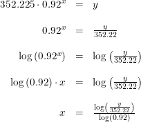 \small \begin{array}{lrcl} &352.225\cdot 0.92^x&=&y\\\\ &0.92^x&=&\frac{y}{352.22}\\\\ &\log\left ( 0.92^x \right )&=&\log\left ( \frac{y}{352.22} \right )\\ \\&\log\left ( 0.92 \right )\cdot x&=&\log\left ( \frac{y}{352.22} \right )\\\\ &x&=&\frac{\log\left ( \frac{y}{352.22} \right )}{\log\left ( 0.92 \right)} \end{array}
