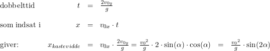 \small \begin{array}{lrclcl} \textup{dobbelttid}&t&=&\tfrac{2v_{0y}}{g} \\\\ \textup{som indsat i}&x&=&v_{0x}\cdot t\\\\ \textup{giver:}&x_{kastevidde}&=&v_{0x}\cdot\tfrac{2v_{0y}}{g}=\frac{{v_0}^2}{g}\cdot 2\cdot \sin(\alpha )\cdot \cos(\alpha )&=&\frac{{v_0}^2}{g}\cdot \sin(2\alpha ) \end{array}