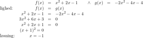 \small \begin{array}{lrclcrcl} &f(x)&=&x^2+2x-1&\wedge&g(x)&=&-2x^2-4x-4\\ \textup{lighed:}&f(x)&=&g(x)\\ &x^2+2x-1&=&-2x^2-4x-4\\ &3x^2+6x+3&=&0\\ &x^2+2x+1&=&0\\ &(x+1)^2=0\\ \textup{l\o sning:}&x=-1 \end{array}