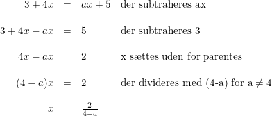 \small \begin{array}{lrcll} &3+4x&=&ax+5&\textup{der subtraheres ax}\\\\ &3+4x-ax&=&5&\textup{der subtraheres 3}\\\\ &4x-ax&=&2&\textup{x s\ae ttes uden for parentes}\\\\ &(4-a)x&=&2&\textup{der divideres med (4-a) for a}\neq 4\\\\ &x&=&\frac{2}{4-a} \end{array}