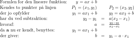 \small \begin{array}{lrclrcll} \textup{Formlen for den line\ae re funktion:}& \small y=ax+b\\ \textup{Kendes to punkter p\aa \ linjen}&P_1=(x_1,y_1)&&P_2=(x_2,y_2)\\ \textup{der jo opfylder}&y_1=ax_1+b&&y_2=ax_2+b\\ \textup{har du ved subtraktion:}&y_2-y_1&=&a(x_2-x_1)\\ \textup{hvoraf:}&a&=&\frac{y_2-y_1}{x_2-x_1}\\ \textup{da \textbf{a} nu er kendt, benyttes:}&y_1=ax_1+b\\ \textup{der giver:}&b&=&y_1-a\cdot x_1 \end{array}