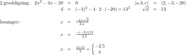 \small \begin{array}{lrclrclrcl} \textup{2.gradsligning:}&2x^2- 3x-20&=&0&\left \langle a,b,c \right \rangle&=&\left \langle 2,-3,-20 \right \rangle\\ &d&=&(-3)^2-4\cdot 2\cdot (-20)=13^2&\sqrt{d}&=&13\\\\ \textup{l\o sninger:}&x&=&\frac{-b\mp \sqrt{d}}{2\cdot a}\\\\ &x&=&\frac{-(-3)\mp 13}{2\cdot 2}\\\\&x&=&\frac{3\mp 13}{4}=\left\{\begin{matrix} -2.5\\ 4 \end{matrix}\right. \end{array}
