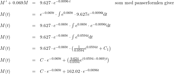 \small \begin{array}{lrllllll} M{\, }'+0.069M&=&9.627\cdot e^{-0.0096\cdot t} &\textup{som med panserformlen giver}\\\\ M(t)&=&e^{-0.069t}\cdot \int e^{0.069t}\cdot 9.627e^{-0.0096t}\mathrm{d}t \\\\ M(t)&=& 9.627\cdot e^{-0.069t}\cdot \int e^{0.069t}\cdot e^{-0.0096t}\mathrm{d}t\\\\ M(t)&=& 9.627\cdot e^{-0.069t}\cdot \int e^{0.0594t}\mathrm{d}t\\\\ M(t)&=& 9.627\cdot e^{-0.069t}\cdot\left ( \tfrac{1}{0.0594}e^{0.0594t}+C_1 \right )\\\\ M(t)&=& C\cdot e^{-0.069t}+\left ( \tfrac{9.624}{0.0594}e^{(0.0594-0.069)t}\right )\\\\ M(t)&=& C\cdot e^{-0.069t}+ 162.02\cdot e^{-0.0096t}\\\\ \end{array}