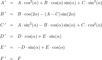 \small \begin{array}{rcl} A{\, }'&=&A\cdot \cos^2(\alpha )+B\cdot \cos(\alpha )\sin(\alpha )+C\cdot \sin^2(\alpha )\\\\ B{\, }'&=&B\cdot \cos(2\alpha )-(A-C)\sin(2\alpha )\\\\ C{\, }'&=&A\cdot \sin^2(\alpha )-B\cdot \cos(\alpha )\sin(\alpha )+C\cdot \cos^2(\alpha )\\\\ D{\, }'&=&D\cdot \cos(\alpha )+E\cdot \sin(\alpha )\\\\ E{\, }'&=&-D\cdot \sin(\alpha )+E\cdot \cos(\alpha )\\\\ F{\, }'&=&F \end{array}