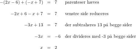 \small \begin{array}{rcll} -(2x-6)+(-x+7)&=&7&\textup{parenteser h\ae ves}\\\\ -2x+6-x+7&=&7&\textup{venstre side reduceres}\\\\ -3x+13&=&7&\textup{der subtraheres 13 p\aa \ begge sider}\\\\ -3x&=&-6&\textup{der divideres med -3 p\aa \ begge sider }\\\\ x&=&2 \end{array}