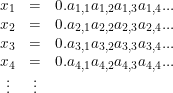 \small \begin{matrix} x_1 & = & 0.a_{1,1}a_{1,2}a_{1,3}a_{1,4}...\\ x_2 & = & 0.a_{2,1}a_{2,2}a_{2,3}a_{2,4}...\\ x_3 & = & 0.a_{3,1}a_{3,2}a_{3,3}a_{3,4}...\\ x_4 & = & 0.a_{4,1}a_{4,2}a_{4,3}a_{4,4}...\\ \vdots & \vdots & \end{matrix}