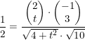 \small \frac{1}{2}=\frac{ \begin{pmatrix} 2\\t \end{pmatrix} \cdot \begin{pmatrix} -1\\3 \end{pmatrix} }{\sqrt{4+t^2}\cdot\sqrt{10}}