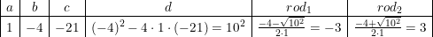 \small \small \begin{array}{|c|c|c|c|c|c|} a&b&c&d&rod_1&rod_2\\ \hline 1&-4&-21&(-4)^2-4\cdot 1\cdot (-21)=10^2&\frac{-4-\sqrt{10^2}}{2\cdot 1}=-3&\frac{-4+\sqrt{10^2}}{2\cdot 1}=3 \end{array}