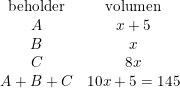\small \small \begin{array}{cc}\textup{beholder}& \textup{volumen}\\ A&x+5\\ B&x\\ C&8x\\ A+B+C&10x+5=145 \end{array}