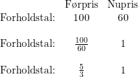 \small \small \begin{array}{ccc}& \textup{F\o rpris}&\textup{Nupris}\\ \textup{Forholdstal:}&100&60\\\\ \textup{Forholdstal:}&\frac{100}{60}&1\\\\ \textup{Forholdstal:}&\frac{5}{3}&1 \end{array}