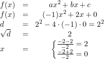 \small \small \begin{array}{lccl} f(x)&=&ax^2+bx+c\\ f(x)&=&(-1)x^2+2x+0 \\ d&=&2^2-4\cdot (-1)\cdot 0=2^2\\ \sqrt{d}&=&2 \\ x&=&\left\{\begin{matrix} \frac{-2-2}{-2}=2\\ \frac{-2+2}{-2}=0 \end{matrix}\right. \end{array}