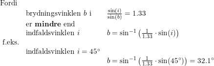 \small \small \begin{array}{llll} \textup{Fordi}\\& \textup{brydningsvinklen }b\textup{ i }&\frac{\sin(i)}{\sin(b)}=1.33\\& \textup{er \textbf{mindre} end }\\ &\textup{indfaldsvinklen }i&b=\sin^{-1}\left ( \frac{1}{1.33}\cdot \sin(i) \right ) \\\ \textup{f.eks.}\\& \textup{indfaldsvinklen }i=45\degree\\&& b=\sin^{-1}\left ( \frac{1}{1.33}\cdot \sin(45\degree) \right )=32.1\degree \end{array}