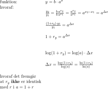 \small \small \begin{array}{llll} \textup{funktion:}&y=b\cdot a^x\\ \textup{hvoraf:}\\&\frac{y_2}{y_1}=\frac{b\cdot a^{x_2}}{b\cdot a^{x_1}}=\frac{a^{x_2}}{a^{x_1}}=a^{x_2-x_1}=a^{\Delta x}\\\\& \frac{(1+r_y)\cdot y_1}{y_1}=a^{\Delta x}\\\\& 1+r_y=a^{\Delta x}\\\\\\& \log(1+r_y)=\log(a)\cdot \Delta x\\\\& \Delta x=\frac{\log(1+r_y)}{\log(a)}=\frac{\ln(1+r_y)}{\ln(a)} \\\\ \textup{hvoraf det fremg\aa r}\\ \textup{at }r_y\textup{ \textbf{ikke} er identisk}\\ \textup{med }r \textup{ i }a=1+r \end{array}