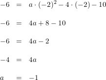 \small \small \begin{array}{llll} -6&=&a\cdot (-2)^2-4\cdot (-2)-10\\\\ -6&=&4a+8-10\\\\ -6&=&4a-2\\\\ -4&=&4a\\\\ a&=&-1 \end{array}
