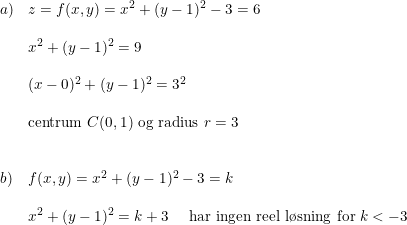 \small \small \begin{array}{llll}a)&z=f(x,y)=x^2+(y-1)^2-3=6\\\\&x^2+(y-1)^2=9\\\\&(x-0)^2+(y-1)^2=3^2\\\\&\textup{centrum }C(0,1)\textup{ og radius }r=3\\\\\\b)&f(x,y)=x^2+(y-1)^2-3=k\\\\&x^2+(y-1)^2=k+3\quad \textup{ har ingen reel l\o sning for }k<-3 \end{array}