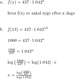 \small \small \begin{array}{llll}a.&f(x)=437\cdot 1.042^x\\\\&\textup{hvor f(x) er antal syge efter x dage}\\\\\\b.&f(13)=437\cdot 1.042^{13} \\\\&1000=437\cdot 1.042^x\\\\&\frac{1000}{437}=1.042^x\\\\&\log\left ( \frac{1000}{437} \right )=\log(1.042)\cdot x\\\\&x=\frac{\log\left ( \frac{1000}{437} \right )}{\log(1.042)} \end{array}