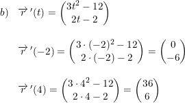 \small \small \begin{array}{llll}b)& \overrightarrow{r}{\, }'(t)=\begin{pmatrix} 3t^2-12\\2t-2 \end{pmatrix}\\\\ & \overrightarrow{r}{\, }'(-2)=\begin{pmatrix} 3\cdot (-2)^2-12\\2\cdot (-2)-2 \end{pmatrix}=\begin{pmatrix} 0\\-6 \end{pmatrix}\\\\ & \overrightarrow{r}{\, }'(4)=\begin{pmatrix} 3\cdot 4^2-12\\2\cdot 4-2 \end{pmatrix}=\begin{pmatrix} 36\\6 \end{pmatrix} \end{array}