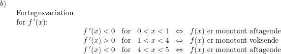 \small \small \begin{array}{llll}b)\\& \begin{array}{llll} \textup{Fortegnsvariation}\\ \textup{for }f{\, }'(x)\textup{:}\\& \begin{array}{lllllll} f{\, }'(x)<0&\textup{for}&0<x<1&\Leftrightarrow&f(x)\textup{ er monotont aftagende}\\ f{\, }'(x)>0&\textup{for}&1<x<4&\Leftrightarrow&f(x)\textup{ er monotont voksende}\\ f{\, }'(x)<0&\textup{for}&4<x<5&\Leftrightarrow&f(x)\textup{ er monotont aftagende}\\ \end{array} \end{array}\end{array}