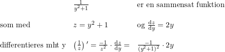 \small \small \begin{array}{lllll} &\frac{1}{y^2+1}&\textup{er en sammensat funktion}\\\\ \textup{som med}&z=y^2+1&\textup{og }\frac{\mathrm{d} z}{\mathrm{d} y}=2y\\\\ \textup{differentieres mht y}&\left (\frac{1}{z} \right ){ }'=\frac{-1}{z^2}\cdot \frac{\mathrm{d} z}{\mathrm{d} y}=&\frac{-1}{(y^2+1)^2}\cdot 2y \end{array}