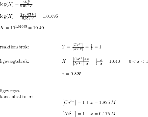 \small \small \begin{array}{lllll} \\& \begin{array}{lllll} \log(K)=\frac{z\cdot U_{0}^{\Theta }}{0.059\;V}\\\\ \log(K)=\frac{2\cdot (0.03\;V)}{0.059\;V}=1.01695\\\\ K=10^{1.01695}=10.40\\\\\\ \textup{reaktionsbr\o k:}&Y=\frac{\left [ Co^{2+} \right ]}{\left [ Ni^{2+} \right ]}=\frac{1}{1}=1\\\\ \textup{ligev\ae gtsbr\o k:}&K=\frac{\left [ Co^{2+} \right ]+x}{\left [ Ni^{2+} \right ]-x}=\frac{1+x}{1-x}=10.40 \qquad 0<x<1\\\\& x=0.825\\\\\\ \textup{ligev\ae gts-}\\ \textup{koncentrationer:}\\& \left [ Co^{2+} \right ]=1+x=1.825\;M\\\\& \left [ Ni^{2+} \right ]=1-x=0.175\;M \end{array}\end{array}