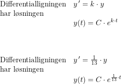 \small \small \begin{array}{lllll} \textup{Differentialligningen}&y{\,}'=k\cdot y\\ \textup{har l\o sningen}\\& y(t)=C\cdot e^{k\cdot t}\\\\\\\\ \textup{Differentialligningen}&y{\,}'=\frac{1}{13}\cdot y\\ \textup{har l\o sningen}\\& y(t)=C\cdot e^{\frac{1}{13}\cdot t} \end{array}