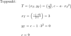 \small \small \begin{array}{lllll} \textup{Toppunkt:}\\& \begin{array}{lllll} T=\left ( x_T,y_T \right )=\left ( \frac{-b}{2a},c-a\cdot {x_T}^2 \right )\\\\ x_T=\left ( \frac{-(-6)}{2\cdot 1} \right )=3\\\\ y_T=c-1\cdot 3^2=0\\\\ c=9 \end{array} \end{array}