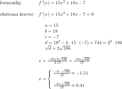\small \small \begin{array}{lllll} \textup{formentlig:}&f{\, }'(x)=15x^2+18x-7\\\\ \textup{ekstrema kr\ae ver:}&f{\, }'(x)=15x^2+18x-7=0\\\\ &\begin{array}{lllll} &a=15\\ &b=18\\ &c=-7\\ &d=18^2-4\cdot 15\cdot (-7)=744=2^2\cdot 186\\ &\sqrt{d}=2\sqrt{186} \end{array}\\\\ &x=\frac{-18\mp 2\sqrt{186}}{2\cdot 15}=\frac{-9\mp \sqrt{186}}{ 15}\\\\ &x=\left\{\begin{array}{lll} \frac{-9-\sqrt{186}}{15}\approx -1.51\\ \\ \frac{-9+\sqrt{186}}{15}\approx 0.31 \end{array}\right. \end{array}