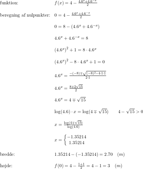 \small \small \begin{array}{lllll} \textup{funktion:}&f(x)=4-\frac{4.6^x+4.6^{-x}}{2}\\\\ \textup{beregning af nulpunkter:}&0=4-\frac{4.6^x+4.6^{-x}}{2}\\\\ &0=8-\left (4.6^x+4.6^{-x} \right )\\\\ &4.6^x+4.6^{-x}=8\\\\ &\left (4.6^x \right )^2+1=8\cdot 4.6^x\\\\ &\left (4.6^x \right )^2-8\cdot 4.6^x+1=0\\\\ &4.6^x=\frac{-(-8)\mp \sqrt{(-8)^2-4\cdot 1\cdot 1}}{2\cdot 1}\\\\ &4.6^x=\frac{8\mp 2\sqrt{15}}{2}\\\\ &4.6^x=4\mp \sqrt{15}\\\\ &\log(4.6)\cdot x=\log(4\mp \sqrt{15})\qquad 4-\sqrt{15}>0\\\\ &x=\frac{\log(4\mp \sqrt{15})}{\log(4.6)}\\\\ &x=\left\{\begin{matrix} -1.35214\\ 1.35214 \end{matrix}\right.\\\\ \textup{bredde:}&1.35214-(-1.35214)=2.70\quad (m)\\\\\textup{h\o jde:}& f(0)=4-\frac{1+1}{2}=4-1=3\quad (m) \end{array}