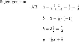 \small \small \begin{array}{lllll} \textup{linjen gennem:}\\&\textup{AB:}&a=\frac{6-3}{5-(-1)}=\frac{3}{6}=\frac{1}{2}\\\\&&b=3-\frac{1}{2}\cdot (-1)\\\\&&b=3\tfrac{1}{2}=\frac{7}{2}\\\\&&y=\frac{1}{2}x+\frac{7}{2} \end{array}