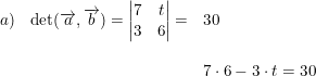 \small \small \begin{array}{lllll} a)&\textup{det}(\overrightarrow{a},\overrightarrow{b})=\begin{vmatrix} 7 &t \\ 3& 6 \end{vmatrix}=&30\\\\ &&7\cdot 6-3\cdot t=30 \end{array}