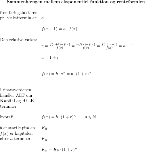 \small \small \begin{array}{lllll}\qquad \textbf{Sammenh\ae ngen mellem eksponentiel funktion og renteformlen} \\\\ \begin{array}{lllll} \textup{fremf\o ringsfaktoren}\\ \textup{pr. v\ae ksttermin er:}&a\\\\& f(x+1)=a\cdot f(x)\\\\ \textup{Den relative v\ae kst:}\\&r=\frac{f(x+1)-f(x)}{f(x)}=\frac{a\cdot f(x)-f(x)}{f(x)}=\frac{f(x)(a-1)}{f(x)}=a-1\\\\& a=1+r\\\\\\ &f(x)=b\cdot a^x=b\cdot (1+r)^x\\\\\\ \textup{I finansverdenen}\\ \textup{handler ALT om}\\ \textup{\textbf{K}apital og HELE}\\ \textup{terminer}\\\\ \textup{hvoraf:}&f(x)=b\cdot (1+r)^n\qquad n\in\mathbb{N}\\\\ b \textup{ er startkapitalen}&K_0\\ f(x)\textup{ er kapitalen}\\ \textup{efter }n\textup{ terminer:}&K_n\\\\& K_n=K_0\cdot (1+r)^n \end{array}\end{array}