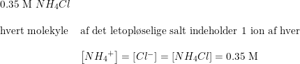 \small \small \begin{array}{lllll}\textup{0.35 M }NH_4Cl\\\\\textup{hvert molekyle}&\textup{af det letopl\o selige salt indeholder 1 ion af hver }\\\\&\left [ N{H_4}^+ \right ]=\left [ Cl^- \right ]=\left [ NH_4Cl \right ]=\textup{0.35 M} \end{array}