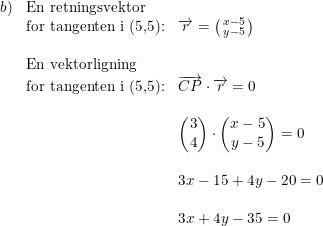 \small \small \begin{array}{lllll}b)& \textup{En retningsvektor}\\& \textup{for tangenten i (5,5):}&\overrightarrow{r}=\bigl(\begin{smallmatrix} x-5\\y-5 \end{smallmatrix}\bigr)\\\\ &\textup{En vektorligning }\\ &\textup{for tangenten i (5,5):}&\overrightarrow{CP}\cdot \overrightarrow{r}=0\\\\&&\begin{pmatrix} 3\\4 \end{pmatrix}\cdot \begin{pmatrix} x-5\\y-5 \end{pmatrix}=0\\\\& &3x-15+4y-20=0\\\\&& 3x+4y-35=0 \end{array}