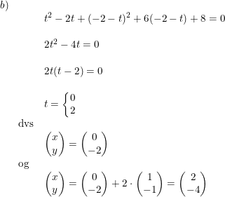\small \small \begin{array}{lllll}b)\\&&t^2-2t+(-2-t)^2+6(-2-t)+8=0\\\\&&2t^2-4t=0\\\\&&2t(t-2)=0\\\\&&t=\left \{\begin{matrix} 0\\2 \end{matrix}\right.\\&\textup{dvs}\\&& \begin{pmatrix} x\\y \end{pmatrix}= \begin{pmatrix} 0\\-2 \end{pmatrix}\\&\text{og}\\&&\begin{pmatrix} x\\y \end{pmatrix}=\begin{pmatrix} 0\\-2 \end{pmatrix}+2\cdot \begin{pmatrix}1\\-1 \end{pmatrix}=\begin{pmatrix} 2\\-4 \end{pmatrix} \end{array}
