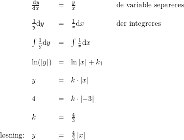\small \small \begin{array}{llllll} &\frac{\mathrm{d} y}{\mathrm{d} x}&=&\frac{y}{x}&&\textup{de variable separeres}\\\\ &\frac{1}{y}\mathrm{d}y&=&\frac{1}{x}\mathrm{d}x&&\textup{der integreres}\\\\ &\int \frac{1}{y}\mathrm{d}y&=&\int \frac{1}{x}\mathrm{d}x\\\\ &\ln(\left |y \right |)&=&\ln\left | x \right |+k_1 \\\\ &y&=&k\cdot \left | x \right |\\\\ &4&=&k\cdot \left | -3 \right |\\\\ &k&=&\frac{4}{3}\\\\ \textup{l\o sning:}&y&=&\frac{4}{3}\left | x \right | \end{array}
