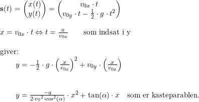 \small \small \begin{array}{llllll} \textbf{s}(t)=\begin{pmatrix} x(t)\\y(t) \end{pmatrix}= \begin{pmatrix} v_{0x}\cdot t\\ v_{0y}\cdot t-\frac{1}{2}\cdot g\cdot t^2 \end{pmatrix} \\\\ x=v_{0x}\cdot t\Leftrightarrow t=\frac{x}{v_{0x}}\qquad \textup{som indsat i y}\\\\ \textup{giver:}\\\qquad y=-\frac{1}{2}\cdot g\cdot \left (\frac{x}{v_{0x}} \right )^2+v_{0y}\cdot\left (\frac{x}{v_{0x}} \right )\\\\\\ \qquad y=\frac{-g}{2\cdot {v_0}^2\cdot \cos^2(\alpha)}\cdot x^2+\tan(\alpha)\cdot x\quad \textup{som er kasteparablen.} \end{array}