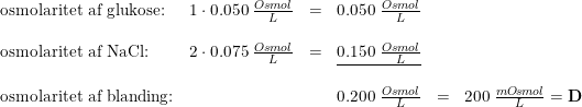 \small \small \begin{array}{llllll} \textup{osmolaritet af glukose:}&1\cdot 0.050\; \frac{Osmol}{L}&=& 0.050\; \frac{Osmol}{L}\\\\ \textup{osmolaritet af NaCl:}&2\cdot 0.075\; \frac{Osmol}{L}&=&\underline{0.150\; \frac{Osmol}{L}}\\\\ \textup{osmolaritet af blanding:}&&&0.200\; \frac{Osmol}{L}&=&200\; \frac{mO\! smol}{L}=\mathbf{D} \end{array}