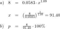 \small \small \begin{array}{llllll} a)&8&=&0.0583\cdot x^{1.09}\\\\ &x&=&\left (\frac{8}{0.0583} \right )^{\frac{1}{1.09}}=91.40\\\\ b)&p&=&\frac{8}{91.40}\cdot 100\% \end{array}
