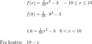 \small \small \begin{array}{llllll}& f(x)=\frac{1}{50}x^2-3\quad -10\leq x\leq 10\\\\& f(8)=\frac{1}{50}\cdot 8^2-3\\\\\\& 1.6=\frac{1}{50}x^2-3\quad 0<x<10\\\\ \textup{Fra kanten:}&10-x \end{array}