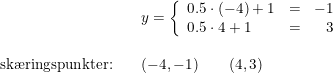 \small \small \begin{array}{llllll}\\&& y=\left\{\begin{array}{llr} 0.5\cdot (-4)+1&=&-1\\ 0.5\cdot 4+1&=&3 \end{array}\right.\\\\ \textup{sk\ae ringspunkter:}&&(-4,-1)\qquad (4,3) \end{array}