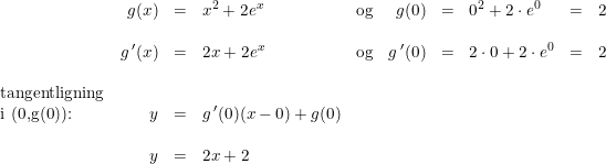 \small \small \begin{array}{lrcllrclcl} &g(x)&=&x^2+2e^x&\textup{og}&g(0)&=&0^2+2\cdot e^0&=&2\\\\ &g{\, }'(x)&=&2x+2e^x&\textup{og}&g{\, }'(0)&=&2\cdot 0+2\cdot e^0&=&2\\\\ \textup{tangentligning}\\ \textup{i (0,g(0)):}&y&=&g{\,}' (0)(x-0)+g(0)\\\\ &y&=&2x+2 \end{array}