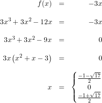 \small \small \begin{array}{rcrclcl} f(x)&=&-3x\\\\ 3x^3+3x^2-12x&=&-3x\\\\ 3x^3+3x^2-9x&=&0\\\\ 3x\left ( x^2+x-3 \right )&=&0\\\\ x&=&\left\{\begin{matrix} \frac{-1-\sqrt{17}}{2}\\0 \\ \frac{-1+\sqrt{17}}{2} \end{matrix}\right. \end{array}