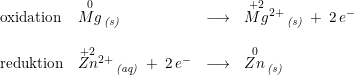 \small \small \small \begin {array}{lllll} \textup{oxidation}&\overset{0}{Mg}\, _{\textit{(s)}}\; &\longrightarrow &\overset{+2}{Mg}{^{2+}}\, _{\textit{(s)}}\;+ \; 2\, e^-\\\\ \textup{reduktion}&\overset{+2}{Zn}{^{2+}}\, _{\textit{(aq)}}\; +\; 2\, e^-&\longrightarrow &\overset{0}{Zn}\, _{\textit{(s)}} \end{array}