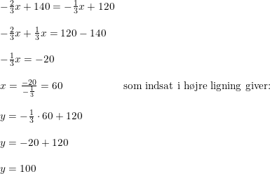\small \small \small \begin{array}{lll} -\frac{2}{3}x+140=-\frac{1}{3}x+120\\\\ -\frac{2}{3}x+\frac{1}{3}x=120-140\\\\ -\frac{1}{3}x=-20\\\\ x=\frac{-20}{-\frac{1}{3}}=60&\textup{som indsat i h\o jre ligning giver:}\\\\ y=-\frac{1}{3}\cdot 60+120\\\\ y=-20+120\\\\ y=100 \end{array}