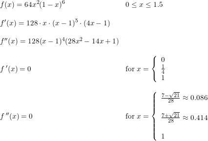 \small \small \small \begin{array}{llll} &f(x)=64x^2(1-x)^6&0\leq x\leq 1.5\\\\ &f{}'(x)=128\cdot x\cdot (x-1)^5\cdot (4x-1)\\\\ &f{}''(x)=128(x-1)^4(28x^2-14x+1)\\\\ &f{\, }'(x)=0&\textup{for }x=\left\{\begin{array}{lll} 0\\\frac{1}{4}\\1 \end{array}\right.\\\\ &f{\, }''(x)=0&\textup{for }x=\left\{\begin{array}{lll} \frac{7-\sqrt{21}}{28} \approx 0.086\\\\ \frac{7+\sqrt{21}}{28}\approx 0.414\\\\1 \end{array}\right. \end{array}