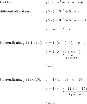 \small \small \small \begin{array}{llll} \textup{funktion:}&f(x)=x^3+3x^2-5x+c\\\\ \textup{differentialkvotient:}&f{\,}'(x)=3x^2+6x-5\\\\& f{\,}'(x)=3x^2+6x-5=4\\\\ & x=-1\quad \vee \quad x=3\\\\\\ \textup{tangentligning}_1 \textup{{ i (-1,c+1)}}\textup{:}&y=4\cdot (x-(-1))+c+1\\\\& y=4\cdot x+\underset{\textup{lig med 6}}{\underbrace{(4+c+1)}}\\\\& c=1\\\\\\ \textup{tangentligning}_2\textup{ i (3,c-15)}\textup{:}&y=4\cdot (x-3)+c-15\\\\& y=4\cdot x+\underset{\textup{lig med 6}}{\underbrace{(-12+c-15)}}\\\\& c=33 \end{array}