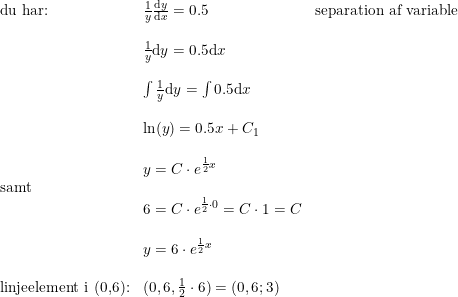 \small \small \small \begin{array}{lllll} \textup{du har:}& \frac{1}{y}\frac{\mathrm{d} y}{\mathrm{d} x}=0.5&\textup{separation af variable}\\\\ &\frac{1}{y}\mathrm{d} y=0.5\mathrm{d} x\\\\ &\int \frac{1}{y}\mathrm{d} y=\int 0.5\mathrm{d} x\\\\ &\ln(y)=0.5x+C_1\\\\ &y=C\cdot e^{\frac{1}{2}x}\\ \textup{samt}\\ &6=C\cdot e^{\frac{1}{2}\cdot 0}=C\cdot 1=C\\\\ &y=6\cdot e^{\frac{1}{2}x}\\\\ \textup{linjeelement i (0,6):} &(0,6,\frac{1}{2}\cdot 6)=(0,6;3) \end{array}
